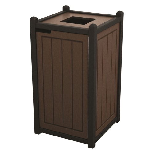 Nex-Terra® Great Lakes Top Load Trash Receptacle, All Plastic, 32 Gallon, Brown Panels w/ Black Accents
